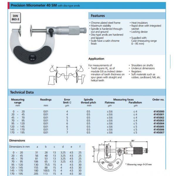 Mahr 4145000 Mechanical Micrometers 40SM Micromar Rotating Disc Micrometer, Range 0-20mm x .01mm Accuracy .004mm , Flatness of faces .0006mm