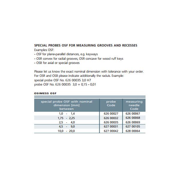 Schwenk OSIMESS 62600032 SPECIAL PROBES OSF FOR MEASURING GROOVES AND RECESSES Range 1.75-2.25mm with Measuring Needle 62600068