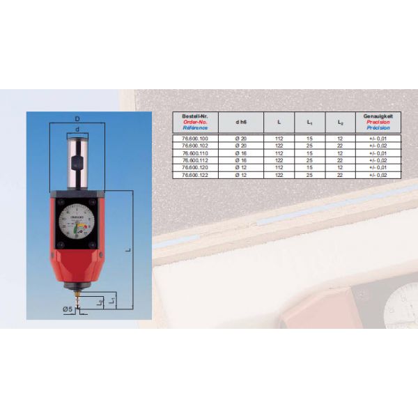 Diabold 76.600.110 Diebold 3D Edge finder Description : Diebold 3D edge finder Shank : 20mm Ball 5mm Grad .01mm