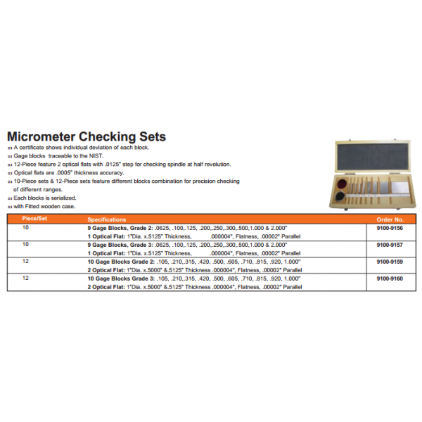 MHC 9100-9159 9 Gauge Blocks, Grade 1  .105, .210, .315, .420, .500, .605, ..0625, .100,.125, .200,.250,.300,.500,1.000 & 2.000” 1 Optical Flat: 1” Dia. x.5125” Thickness, .000004", Flatness, .00002" Parallel