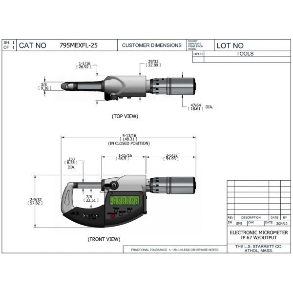 Starrett 795MEXFL-75 Electronic Micrometers 50-75mm/2-3" provide an IP67 protection with RS232 output