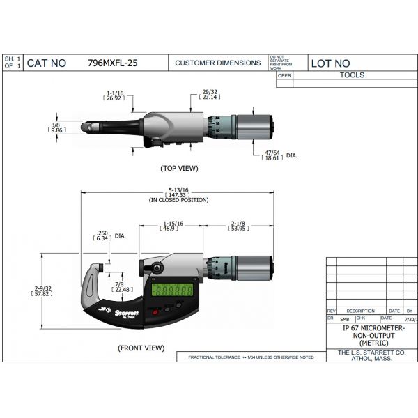 Starrett 796MXFL-25 Electronic Micrometers 0-25mm provide an IP67 level of protection