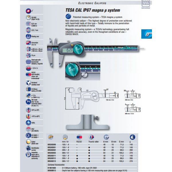 Tesa 00530311 TESA CAL IP67 magna µ system 6''/150mm Caliper Resolution .01mm/.0005'' With Thumb Roller, With RS232