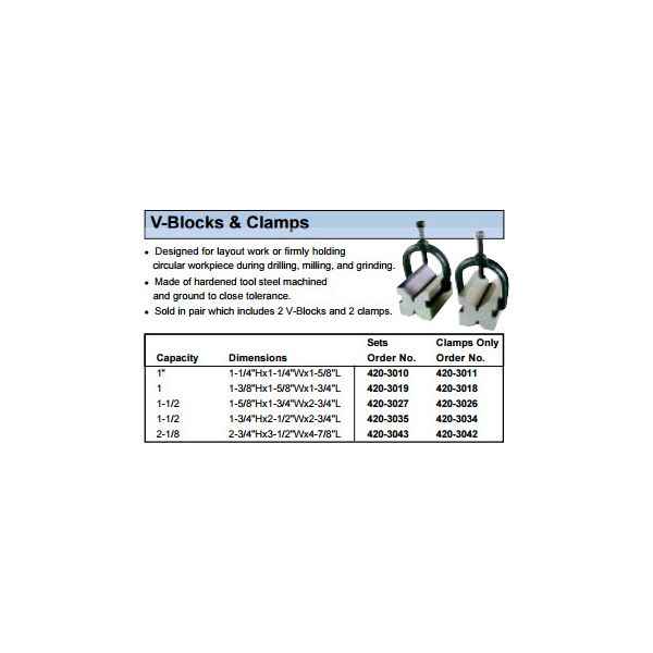 MHC V-Block Set, 420-3010 V-Block Set 2 pieces: Precision V-blocks 1-1/4H x 1-1/4 W x 1-5/8" L, Capacity 1"