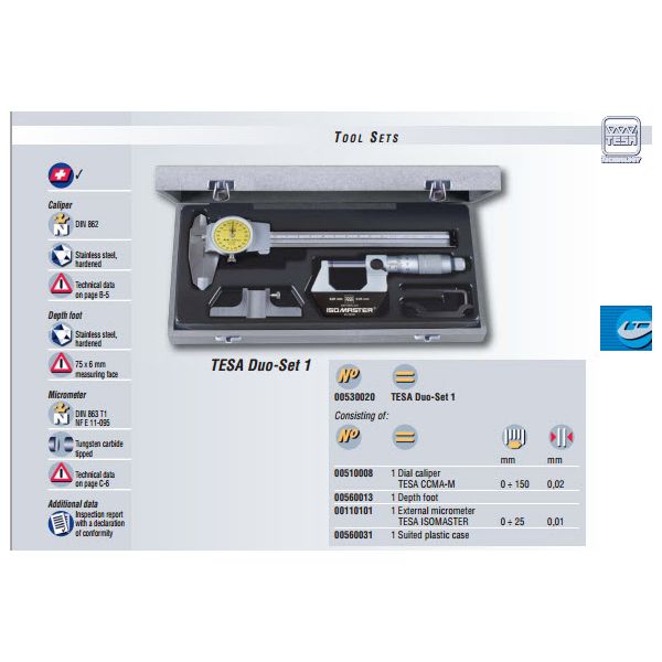 Tesa 00530020 Tool Set DUO SET 1 Dial Caliper 150mm and 0-25mm Micrometer