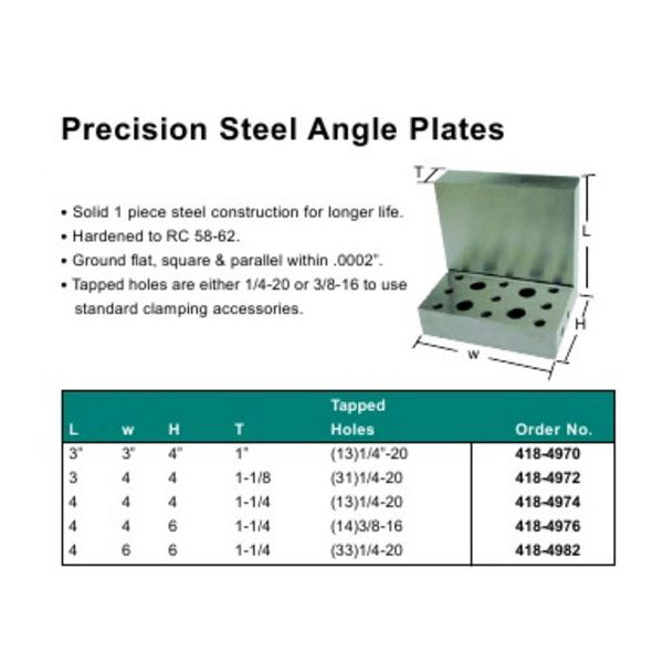 MHC 418-4982 Precision Steel Angle Plates 4 x 6 x 6" x 1-1/4", 33 Tapped holes 1/4-20UNC