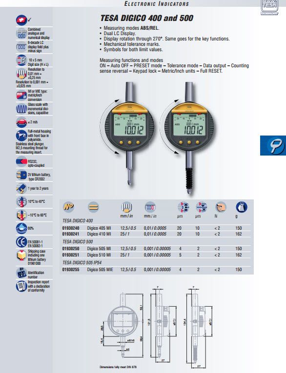 Tesa Digico 505 MI 01930250 Digital plunger Indicator 12.5mm travel .001mm resolution SKU 01930250