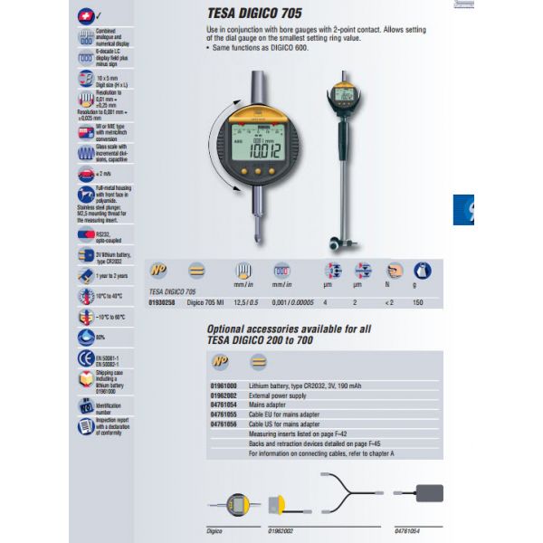 TESA Digico 705 MI Measuring range: 12.5mm/0.5", Resolution: 0.001mm/.00005" Code 01930258 Used for bore gauges