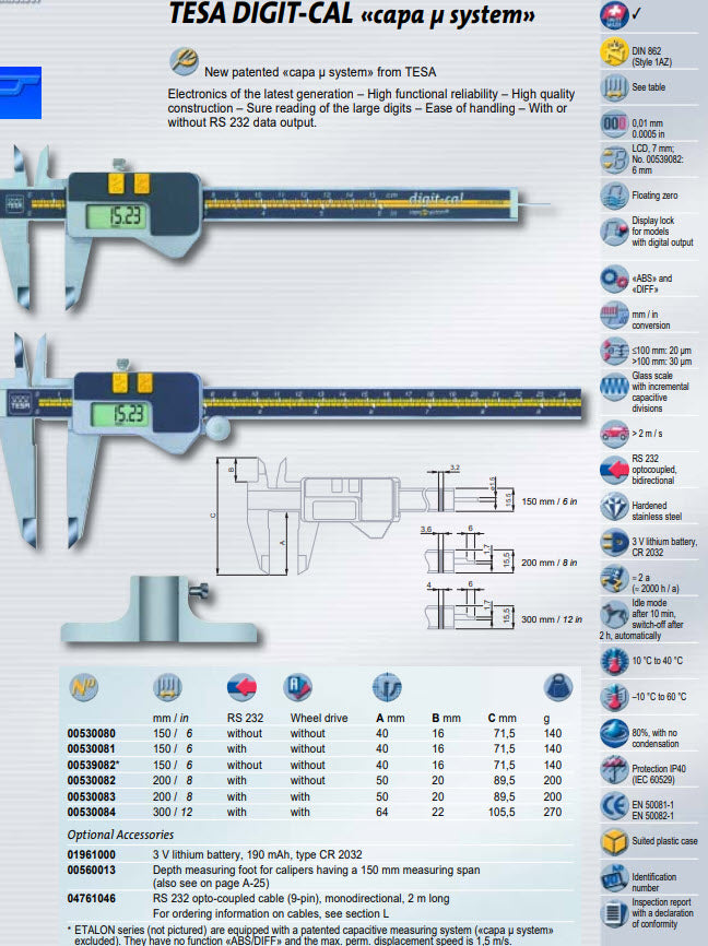 Tesa DIGIT-CAL Caliper 0-200mm/0-8" 00530082 Resolution .01mm/.0005" IP40