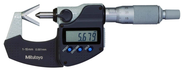 Mitutoyo Digital 3 Flute V-Anvil Micrometer 10-25mm, with Groove 314-252-30