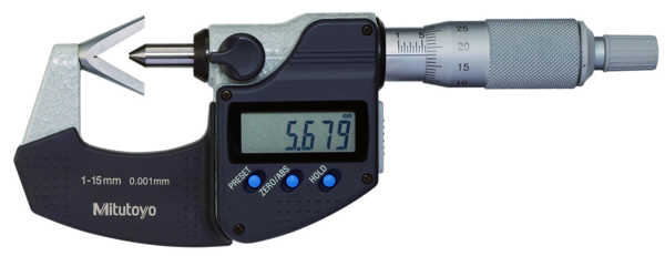 Digital 3 Flute V-Anvil Micrometer 1-15mm, with Groove 314-251-30