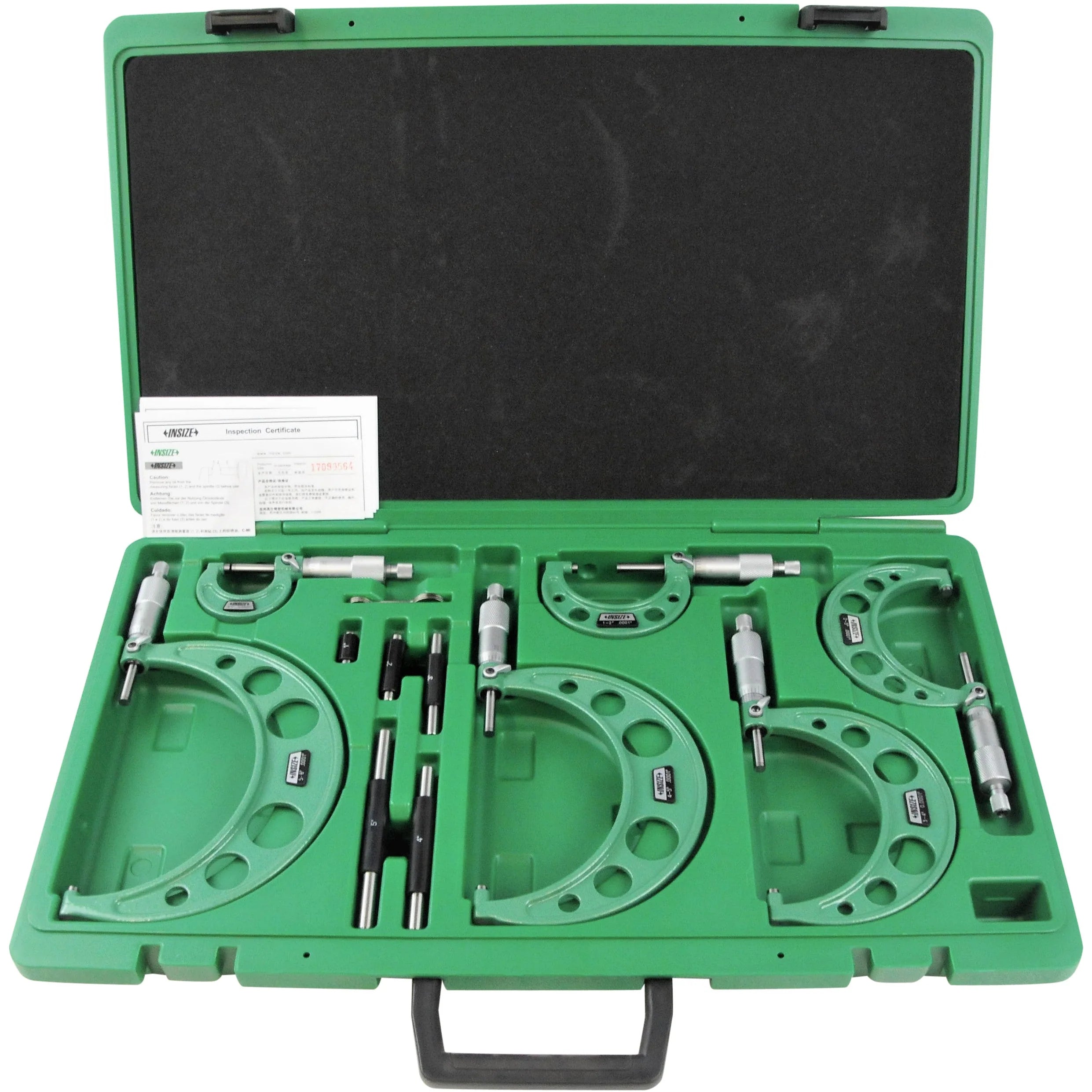 Insize 3202-66 Set of Insize mechanical micrometers with heat shield Range : 0-6" Graduation : .0001" Number of Micrometers : 6, Ratchet, Heatshield