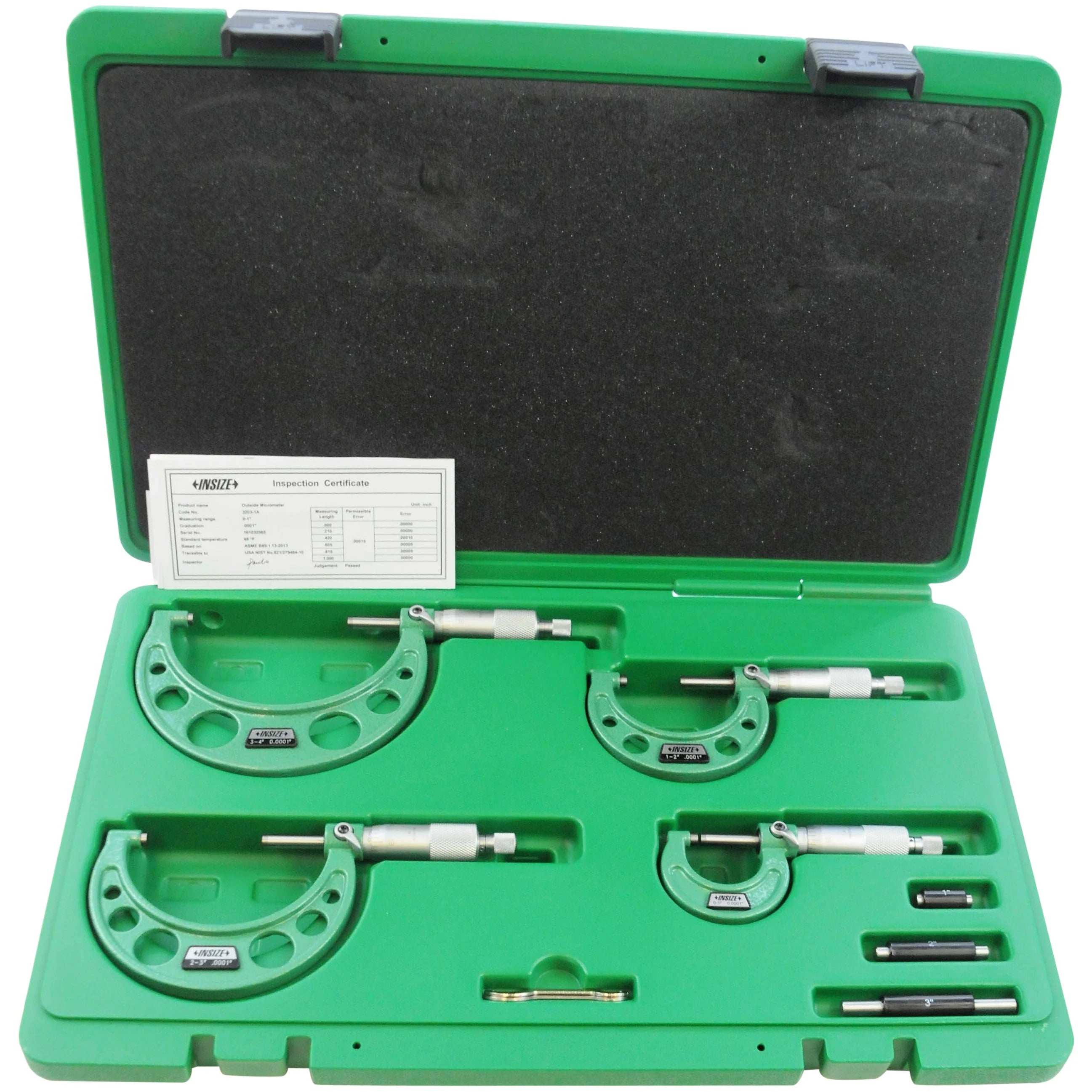 Insize 3202-44 Set of Insize mechanical micrometers with heat shield Range : 0-4" Graduation : .0001" Number of Micrometers : 4, Ratchet, Heatshield