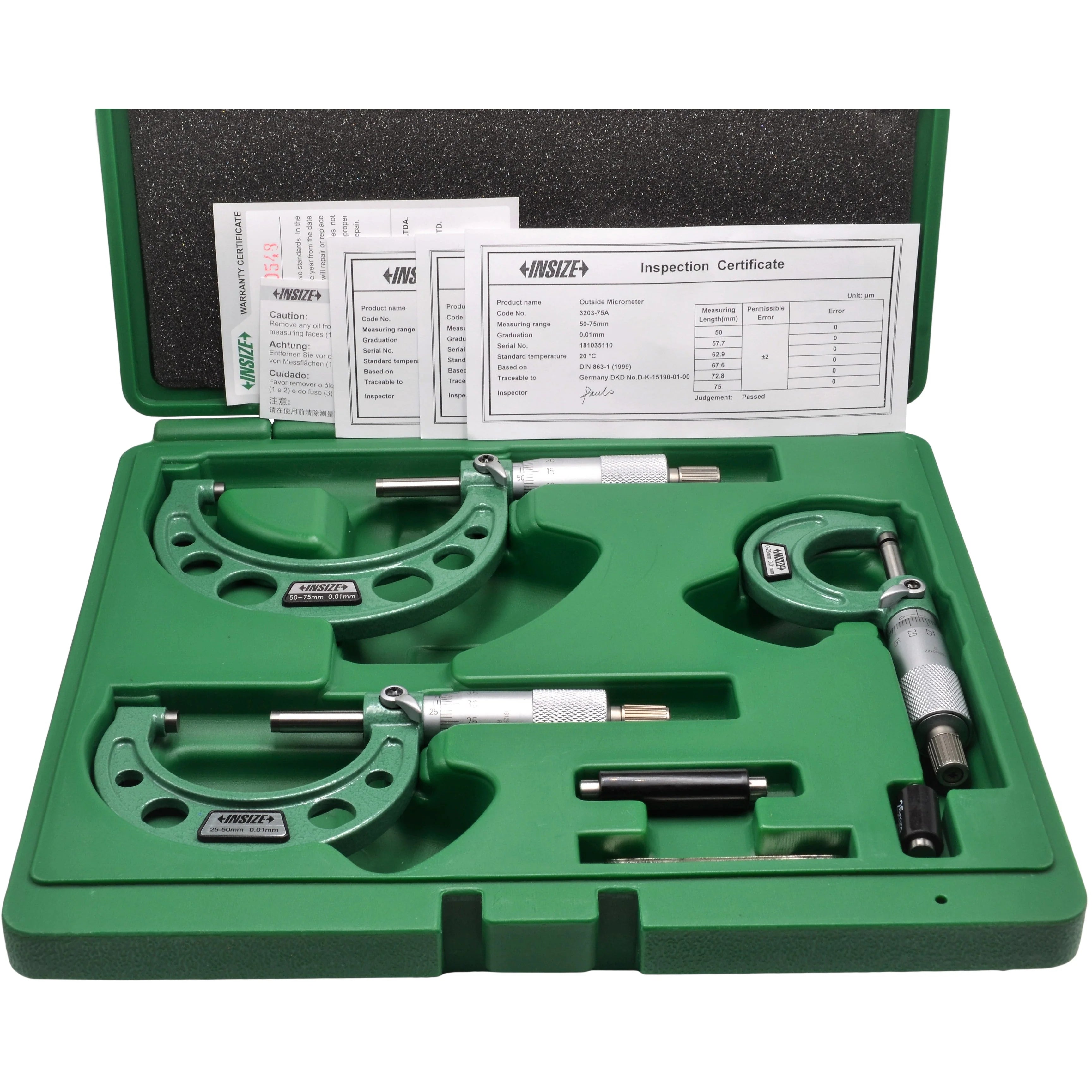 Insize Set of Insize Mechanical micrometers without heat shield  Range : 0-75mm Graduation : .001mm Number of Micrometers : 3 Type : Ratchet 3210-753