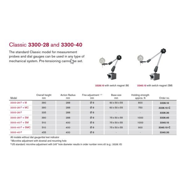 FISSO Classic Line Model: 3300-40 F + SM - 3D articulated gauging arm with on off magnet, 8mm Stem. Code 3340.10 ,  Indicator Not supplied