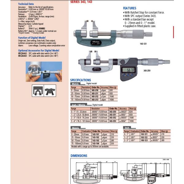 Digital Caliper Jaw Micrometer 50.8-76.2mm/2-3" 343-352-30