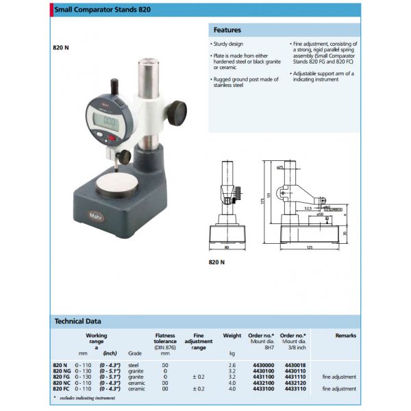 Mahr 4430000 Small steel comparator stand 820 N MahrStand, Working range MAX 110 mm, Mounting hole 8H7,Flatness tolerance DIN 876 t1 = 2(1 + L/1000) µm, L in mm