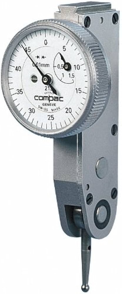 Brown & Sharpe TESA 215A Compac Lever Dial Test Indicator, Horizontal Type, M1.6 Thread, 0.315" Stem Dia, White Dial, 0-20-40 Reading, 1.063" Dial Dia, 0-0.024" Range, 0.0001" Graduation,