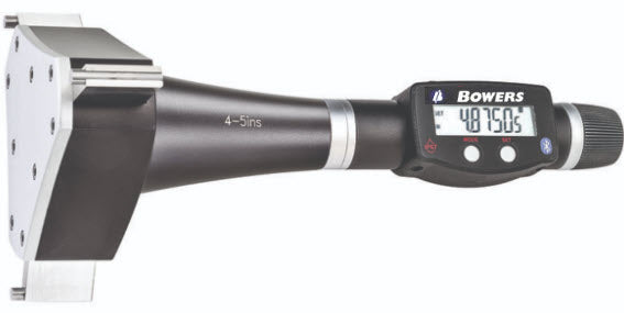 Bowers XTD100i-BT Digital 3 Point Holematic Micrometers Range : 4-5"/100-125mm Depth : 4" Resolution : .001mm/.00005" Accuracy : .00025" Setting Ring : 5" Number of anvils : 3