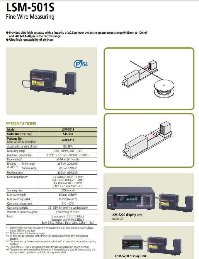 Mitutoyo 544-534 Mitutoyo Laser Micrometer LSM-501S , Measuring Range : 0.05-10mm/0.002-0.4" Resolution (Selectable) : 0.00001-0.01mm/0.000001-0.0005" Repeatability : Note Display LSM-6200, 544-072E Should be ordered with this unit