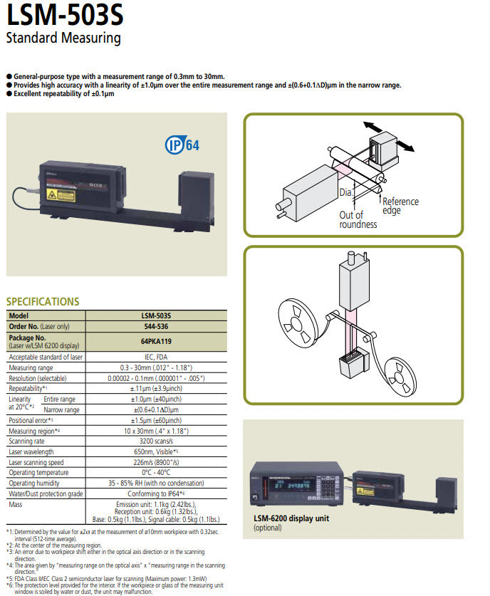 Mitutoyo 544-536 Mitutoyo Laser Micrometer LSM-503S Measuring Range : 0.3-30mm/0.012-1.18", Requires 544-072E LSM6200