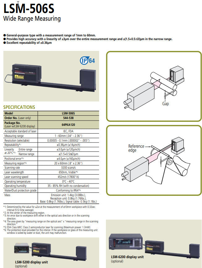 Mitutoyo 544-538 Laser Micrometer LSM-506S Measuring Range : 1-60mm/0.04-2.36" Resolution (Selectable) : 0.00005-0.1mm/0.000002-0.005" Repeatability :