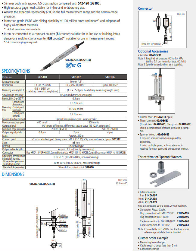 Linear Gauge LG200-0110 542-187 10mm /.4" Range .0005mm/.00002"