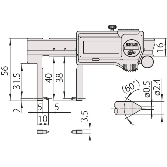 Digital ABS Neck Point Jaw Caliper Inch/Metric, 0-6", IP67, Thumb Roller 573-752