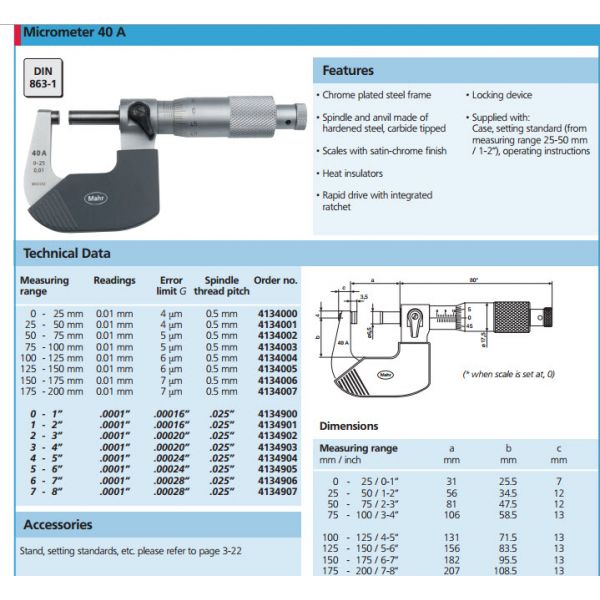 Mahr 4134051 set of outside micrometers 100-200mm Graduation .01mm