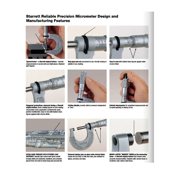 The Starrett T230XFL Outside Micrometer includes 0-1" range, friction thimble, lock nut, carbide face, 0-1" Range, .0001" Grad, Carbide Faces, Friction Thimble, Lock Nut.