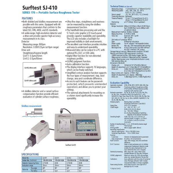 Mitutoyo 178-581-02A Surftest SJ-411 Surface Roughness Tester, 1" X-Axis Travel, 4 mN Detector, 5 Micron Stylus Tip Radius