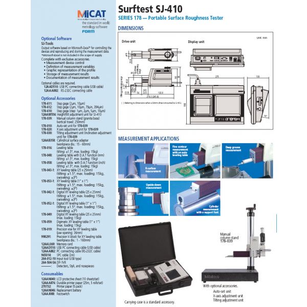 Mitutoyo 178-581-02A Surftest SJ-411 Surface Roughness Tester, 1" X-Axis Travel, 4 mN Detector, 5 Micron Stylus Tip Radius