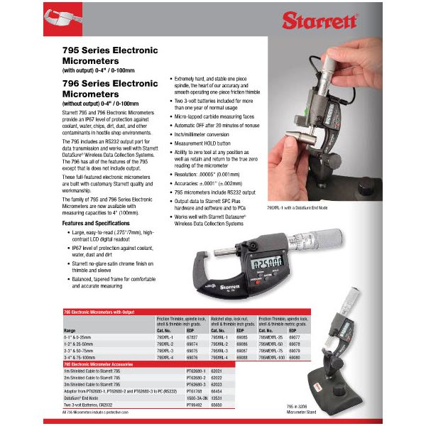 Starrett 795MEXFL-75 Electronic Micrometers 50-75mm/2-3" provide an IP67 protection with RS232 output