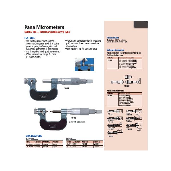 Universal Micrometer Interchangeable Avil/Spindle, 25-50mm 116-102-10