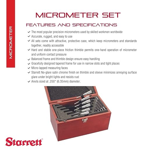 Starrett S436.1CXRLZ Starrett Mechanical Micrometer Sets EDP Number : 68044 Range : 0-6" Graduation : .001" Set Includes : 1, 2, 3, 4, 5 & 6" Micrometers with Five Standards in Case