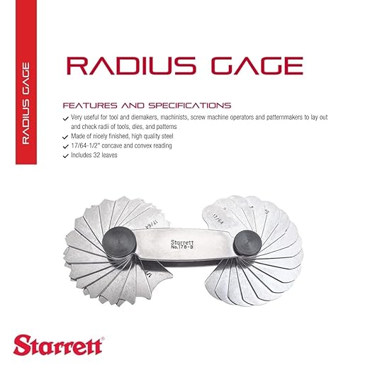 Starrett Fillet or Radius Gage for Convex and Concave Radii - Ideal for Carpenters and Constructions - Stainless Steel, 32 Leaves, 7/64-1/2" Radius Gage, Inch Reading - 178B