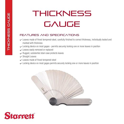 Starrett 66MA Metric Thickness Gauge 66 Thickness Gauges Tempered Steel Thickness Gauge, .05mm-1.0mm Range, 20 Leaves