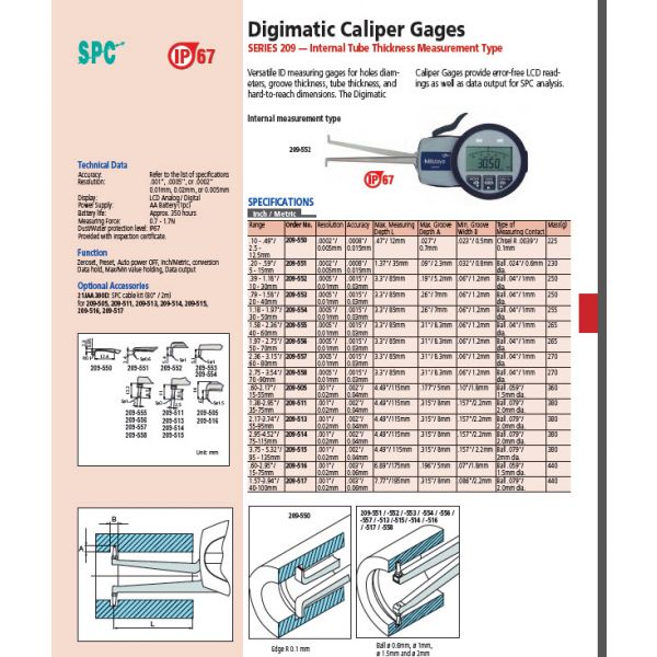 Mitutoyo 209-552 Groove Gauge Range : .40-1.20in/10-30mm Resolution : .0005in 0.01mm Accuracy : .0015"/0.03mm, Measuring Contacts : Ball .039''