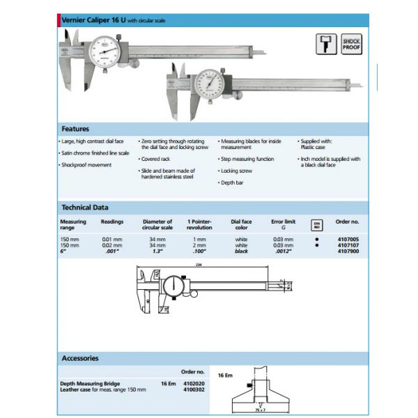 Mahr 4107107 Dial Calipers 16 U 0-150mm Graduation 0.02mm, 2mm per revolution