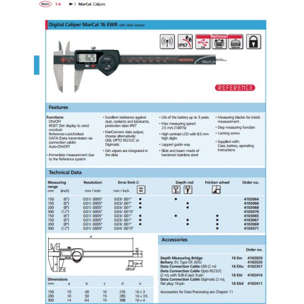 Mahr Federal Digital Electronic Caliper MARCAL 16 EWR, 6"/150mm, Round Depth Rod w/ Friction Wheel - 4103065