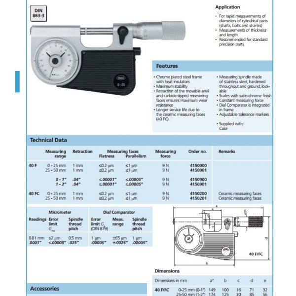 Mahr 4150001 Indicating Micrometers with integrated Dial Comparator 40F/FC 25-50mm