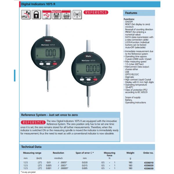 Mahr 4336010 Digital Indicators 1075 R : Range: 12.5mm/0.5" Resolution: 0.0005"/0.01mm Stem: 8mm Accuracy .020mm Force 0.5-1N