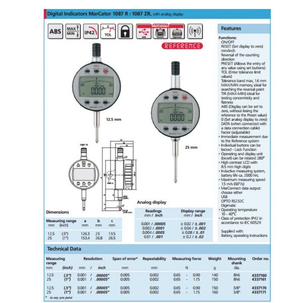 Mahr 4337160 Digital Indicators MarCator 1087 R, Range 12.5mm/.5'' Resolution 0.001 mm / .00005“ Accuracy 0.005mm Repeatability 0.002mm Force 0.65 - 0.90N Stem 8mm