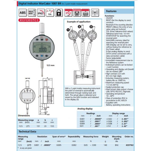 Mahr 4337162 Digital Indicator MarCator 1087 BR for 2 point inside measurement, Range 12.5mm/.5'' Resolution 0.001 mm / .00005“ Accuracy 0.005mm Repeatability 0.002mm Force 0.65 - 0.90N Stem 8mm