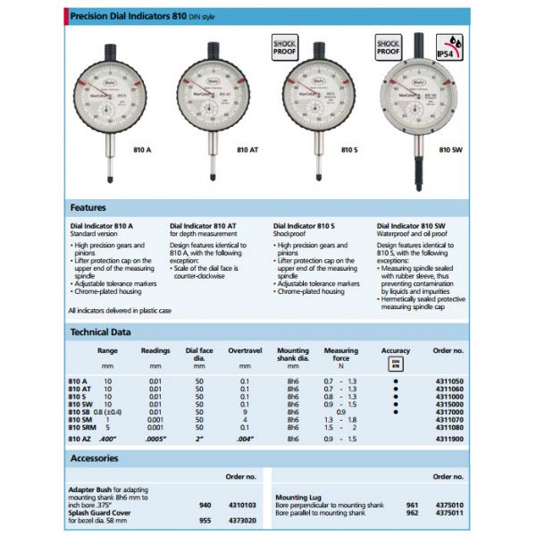 Mahr 4317250 Plunger Indicators Accuracy: DIN 878 Graduation: 0.01mm Model: 810SB Range: .8mm Reading: 0-40-0 : 8mm Type: Single revolution