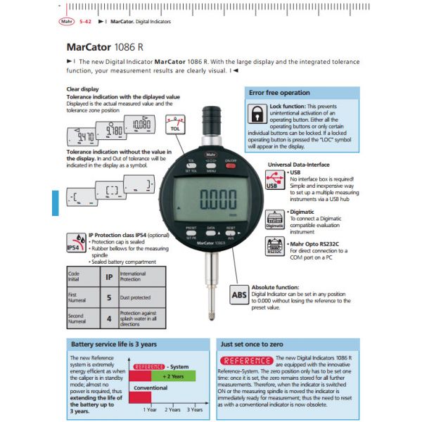 Mahr 4337130 Digital Indicators MarCator 1086 R, Range 12.5mm/.5'' Resolution 0.01 mm / .0005“ Accuracy 0.02mm Repeatability 0.01mm Force 0.65 - 0.90N Stem 8mm