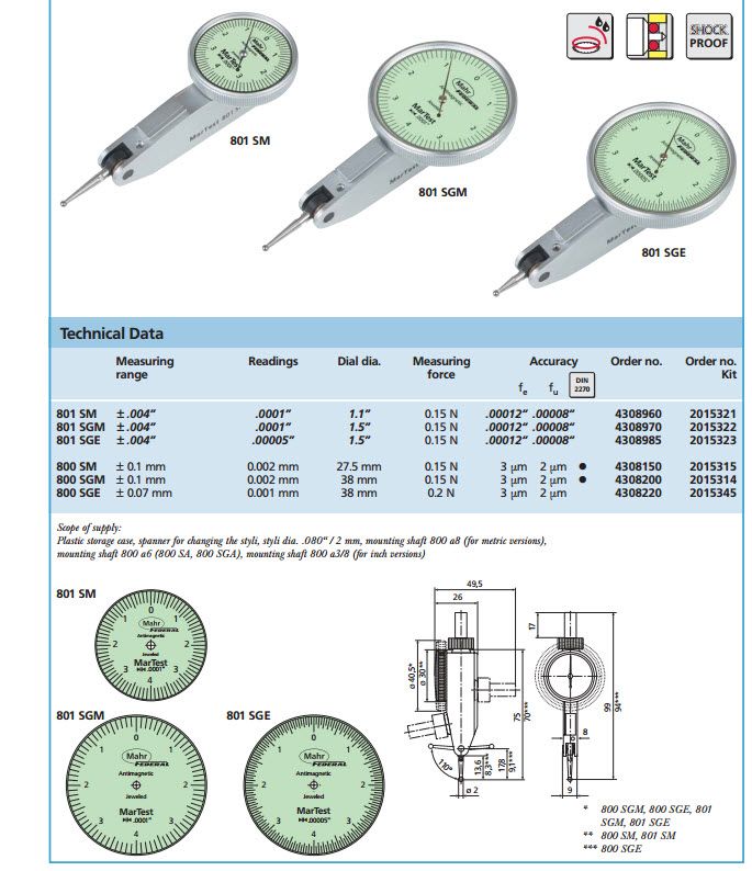 Mahr Test Indicators 4308970, Graduation: .0001", Model: 801SM, Range: .008", Face diameter 1.5'', Force 0.15N