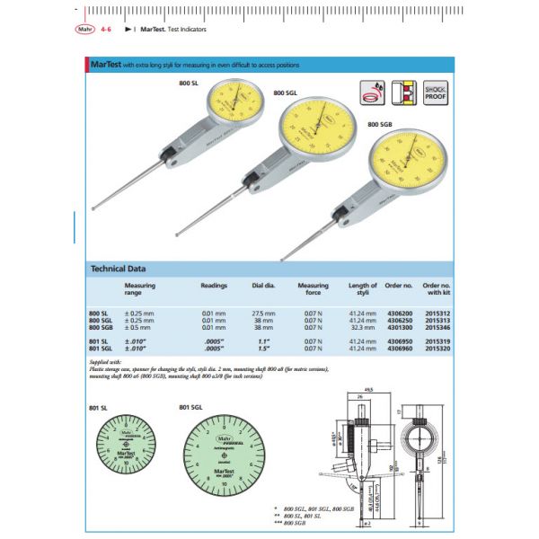 Mahr Large Travel Test Indicators 4307250, Graduation: 0.01mm, Model: 800SR, Range: 1.6mm, Type: Stylus 14.5mm, Face 38mm, Force .15N