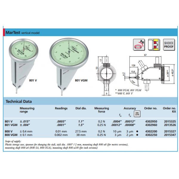 Mahr Vertical Test Indicators 4302950, Graduation: 0.0005'', Model: 801V, Range: .030'', Type: Vertical, Face 1.1'', Stylus 0.57'', Force 0.2N