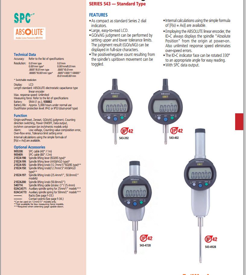 Mitutoyo 543-402BS, IDC Digimatic Indicator, Resolution .0005"/0.01mm X .5"/12.7mm, 3/8" Stem, Flat Back, Force 0.9N or less, Accuracy .001''/.02mm